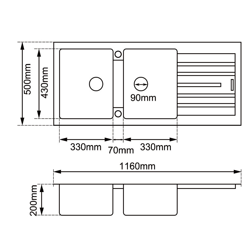 1160x500x200mm Black Granite Double Bowl Kitchen Sink image 1