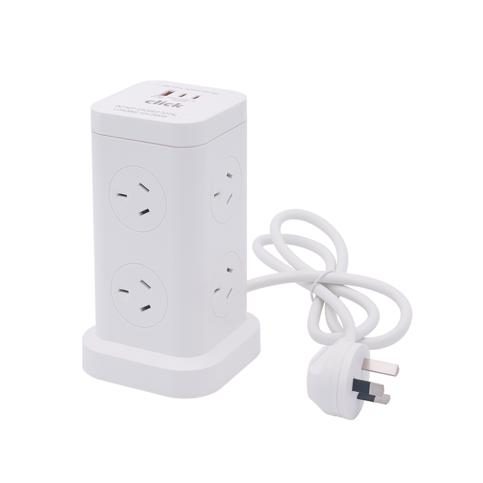 Click 6 Outlets Mini Tower Power Board with USB Charger