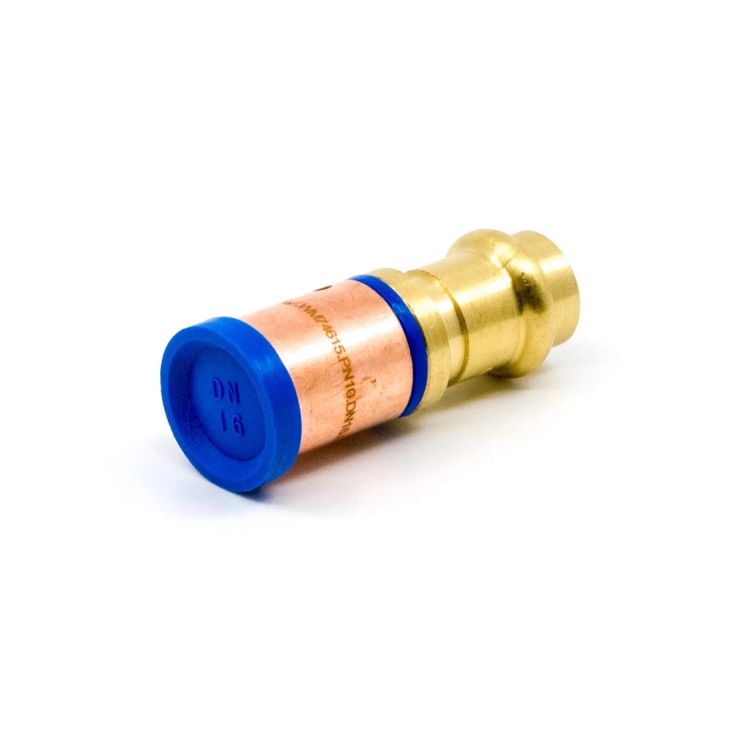 A brass water filter cartridge with a blue plastic cap and a copper-colored filter element inside, shown on a plain white background.