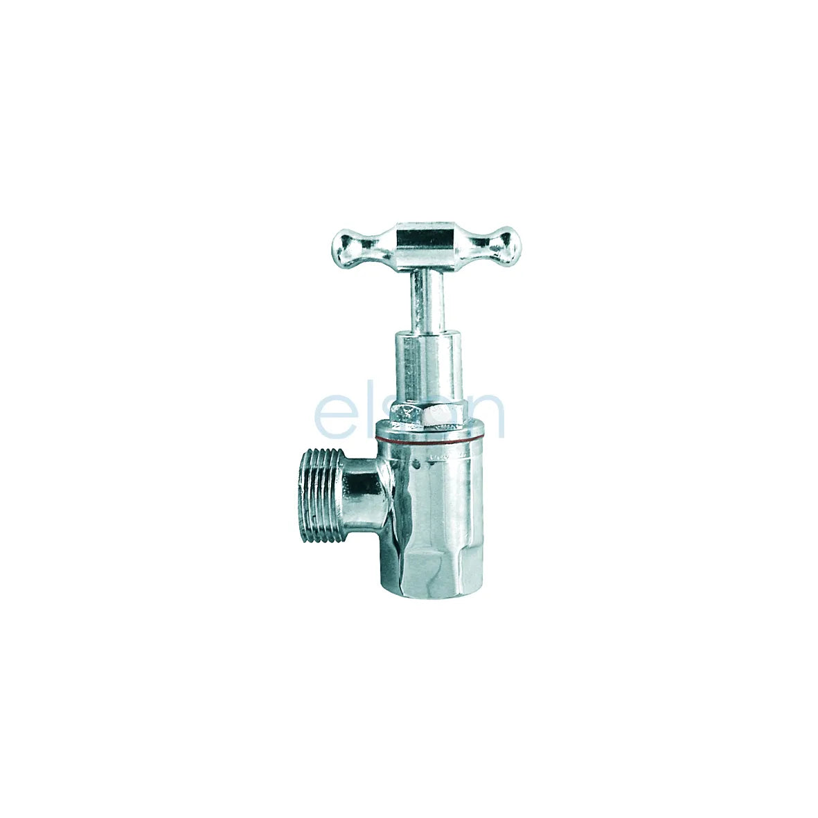 A chrome-plated metal angle valve with a cross-handle, shown on a plain white background.