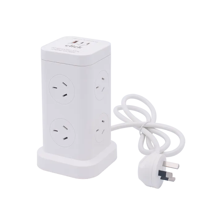 Click 6 Outlets Mini Tower Power Board with USB Charger