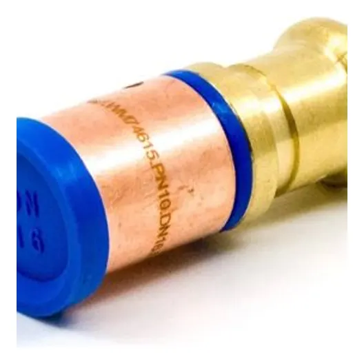 A brass water filter cartridge with a blue plastic cap and a copper-colored filter element inside, shown on a plain white background.