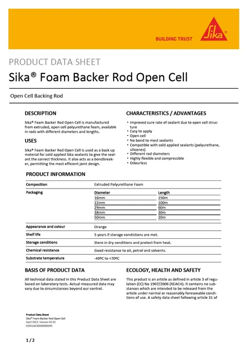 Sika Foam Backer Rod Open Cell datasheet preview